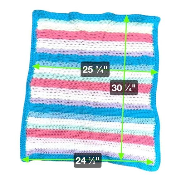 Handmade Crochet Baby Blanket Receiving Shower Gift Pink Blue White Stripes SEE - Picture 2 of 4